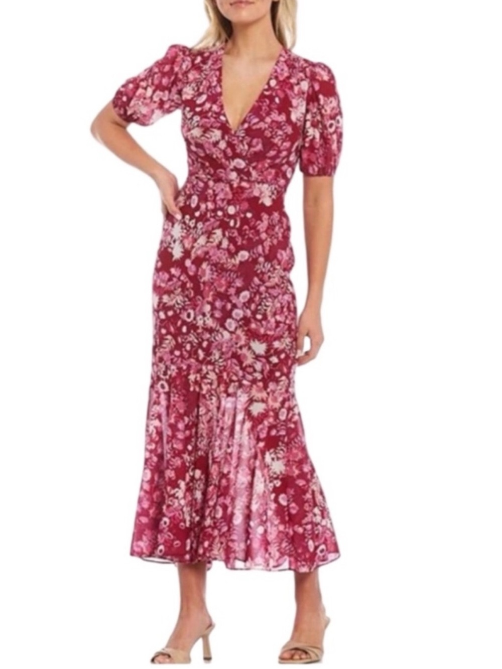 Sachin & Babi x Dillards Erin Floral Midi Dress Size 4 Pink Purple Wedding Guest